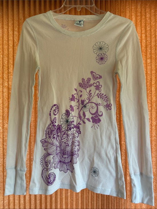 Roxy Tops - Roxy Women’s Long Sleeve White Top with Purple Floral Print Size L